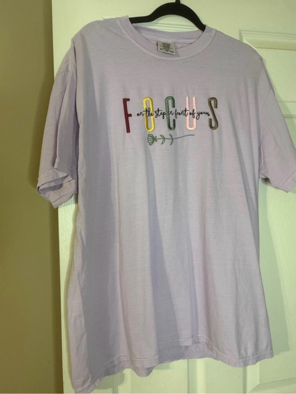 Comfort Colors Lavender Short-Sleeve Tee with Multicolor Embroidered 'FOCUS'